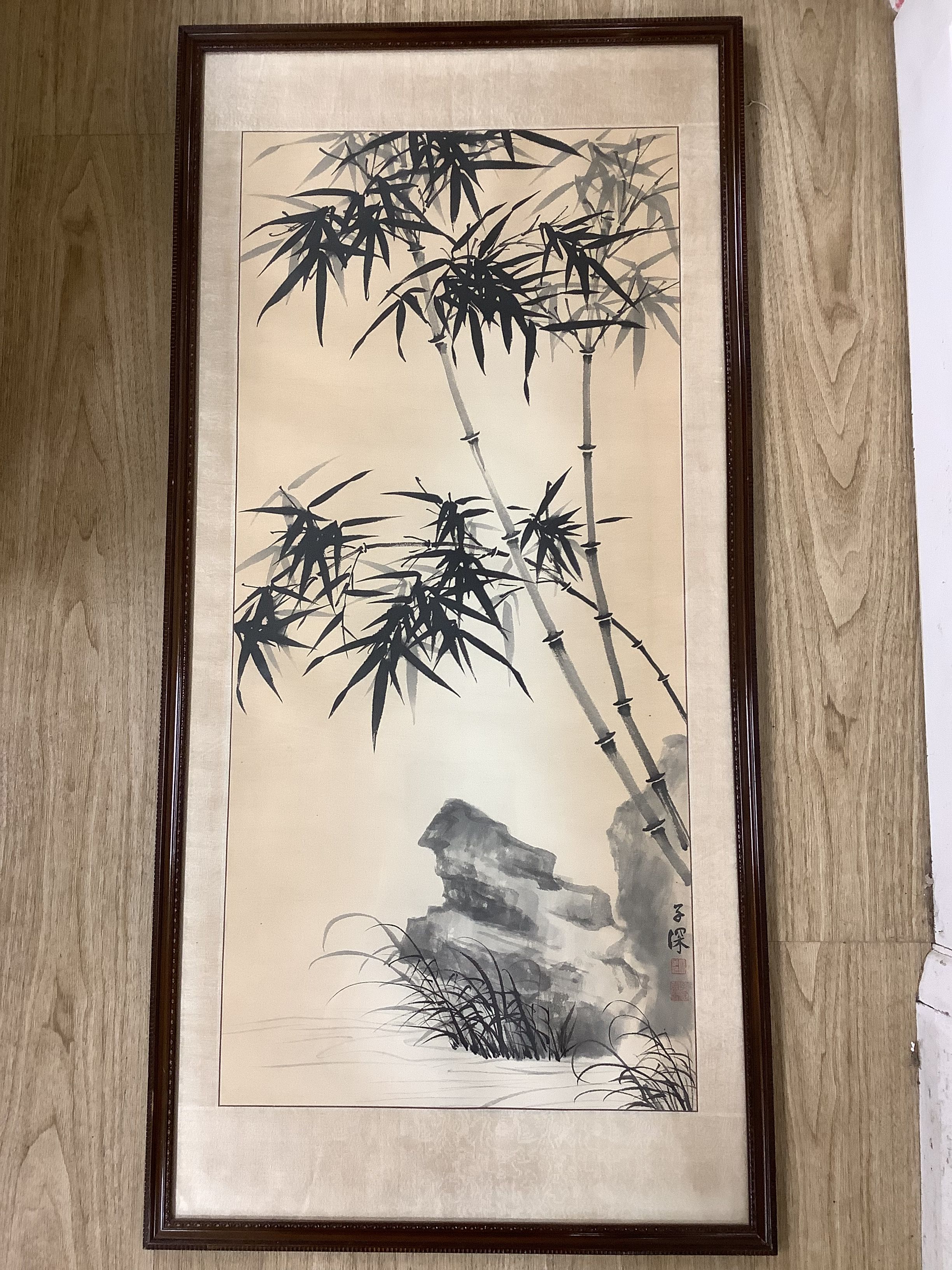 Chinese School (20th century), black ink and wash, Bamboo and rocks, signed,